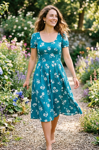 Woman in teal floral dress walking barefoot on a garden path holding flowers
