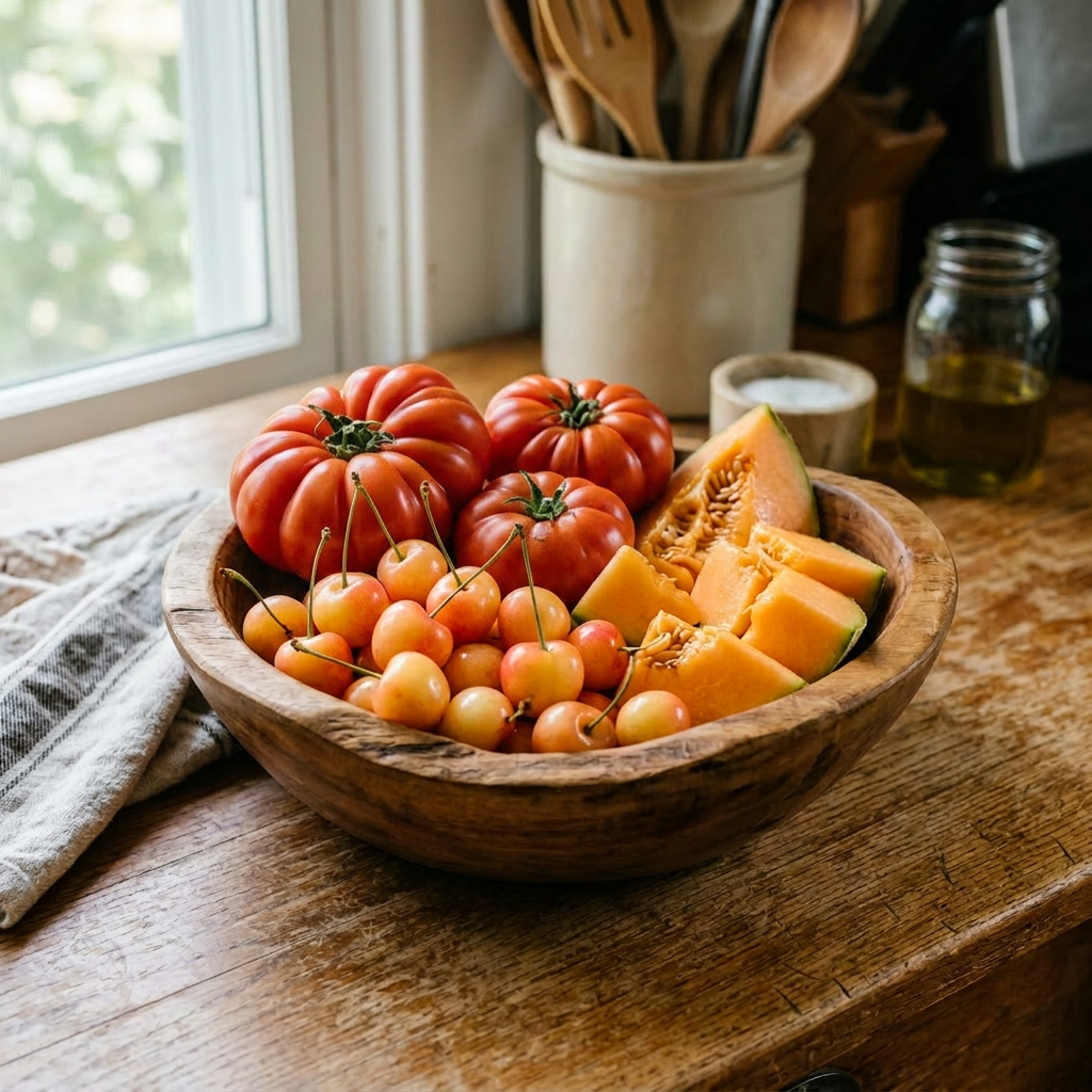 Wooden bowl containing red cherry tomatoes on vine, yellow cherries, and orange cantaloupe slices on a wooden kitchen counter