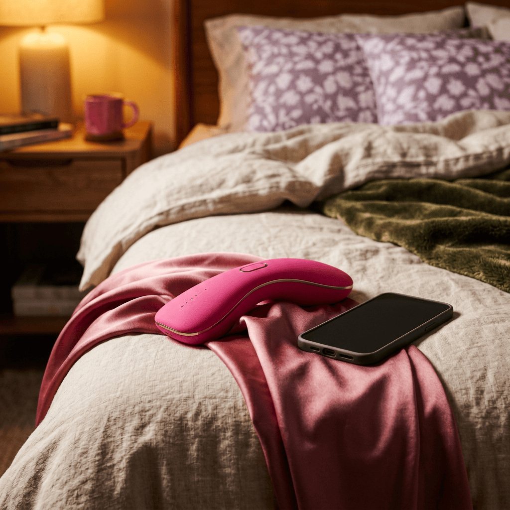 Smartphone and handheld device on pink fabric atop an unmade bed