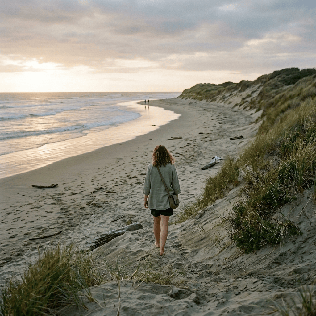 Person walking barefoot along a beach beside grassy coastal dunes
